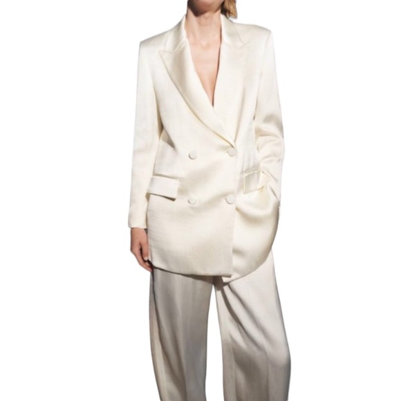 Zara Jackets & Blazers - Zara Women's White Satin Double Breasted Blazer Oyster White Size Large